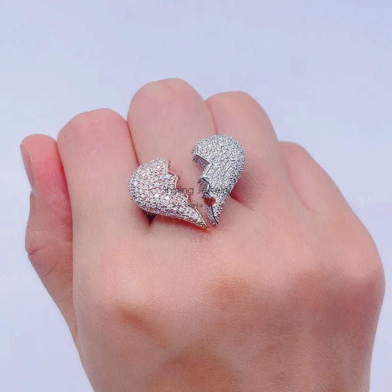 Drop Shipping Solid Silver Broken Heart Hip Hop Vvs Moissanite Iced Out Heart Ring
