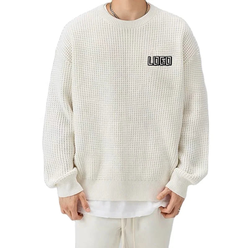 F230682 Wholesale Custom Logo Men Oversized Waffle Knit Sweatshirt Heavyweight Pullover Streetwear Crew Neck Long Sleeve Top