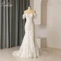 Ruolai QW01627 Sweep Train Sweetheart Appliques Pearls Beading Lace Off-Shoulder Bride Mermaid Dress