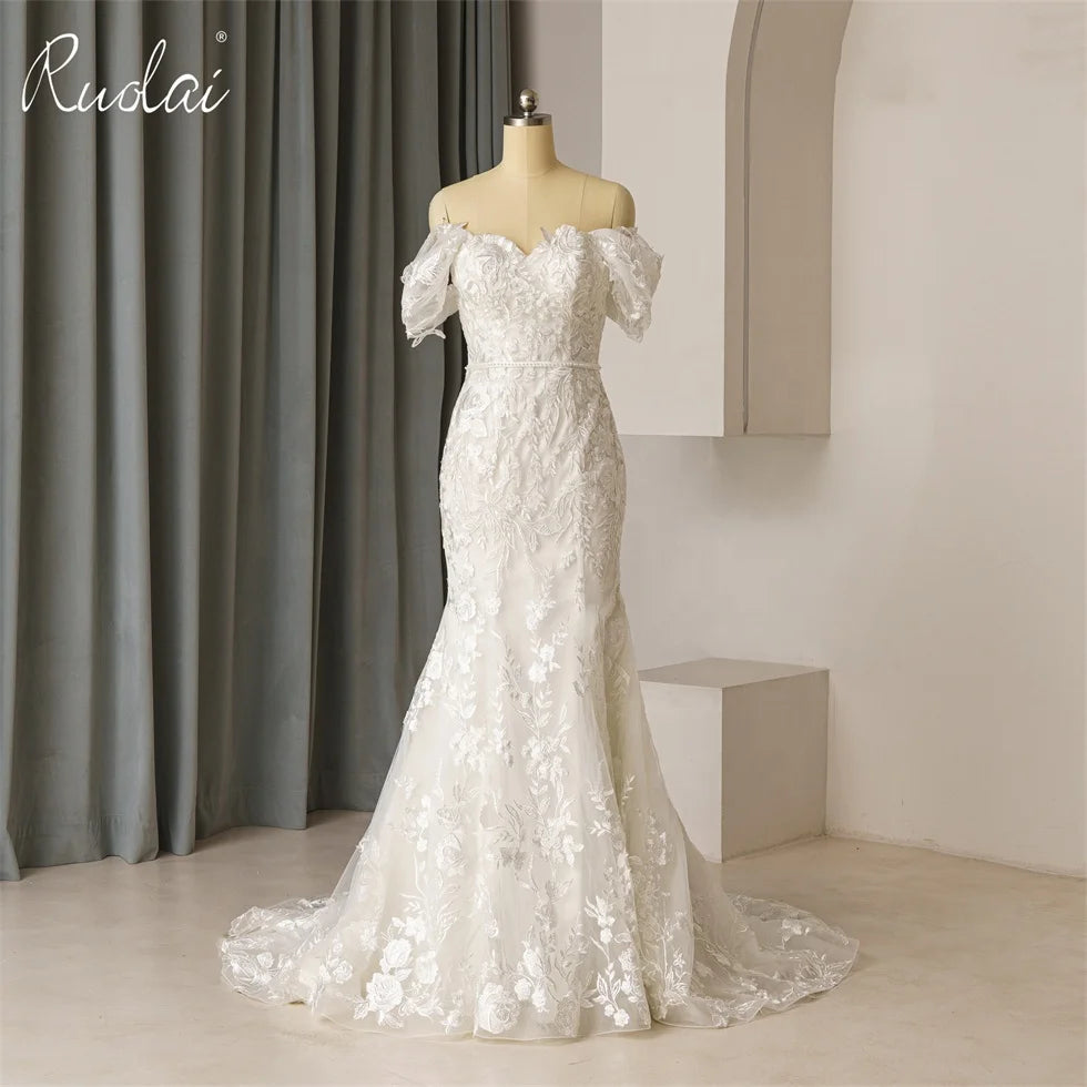 Ruolai QW01627 Sweep Train Sweetheart Appliques Pearls Beading Lace Off-Shoulder Bride Mermaid Dress