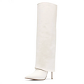 Plus Size Wide Tube White Layered Stiletto Overknee Cuffed High Heel Fold Over Black Boots