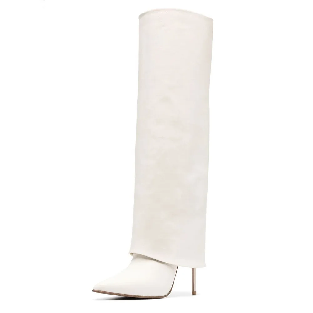 Plus Size Wide Tube White Layered Stiletto Overknee Cuffed High Heel Fold Over Black Boots