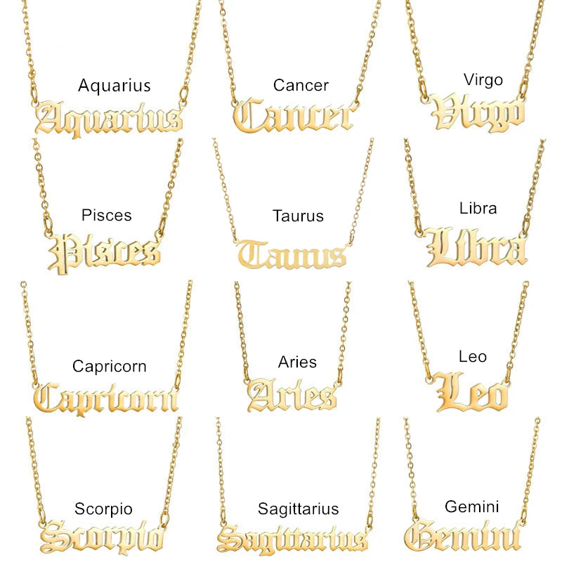 Wholesale 12 Constellations Astrology Horoscope Star Jewelry 18K Gold Plated Stainless Steel Chain Zodiac Sign Pendant Necklace