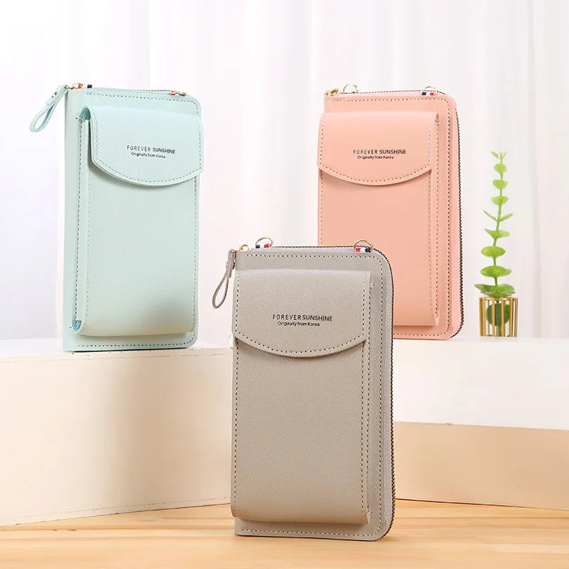 Pure Color Candy Fashion Mobile Phone Wallet Card Holder Messenger PU Zipper Portable Money Purse Crossbody Shoulder Mini Bag