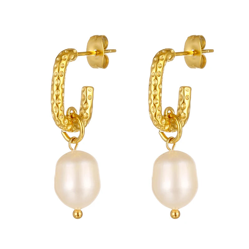 2023 Fashion Jewelry 18k Gold Plated Stainless Steel Freshwater Pearl Drop Hoop Earrings