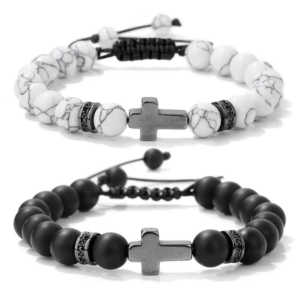 Wholesale New Obsidian Matte Woven Bracelet with Micro-Inlaid Skull and Trendy Tiger Eye Stone Bead Cross-shaped Bangles Gift