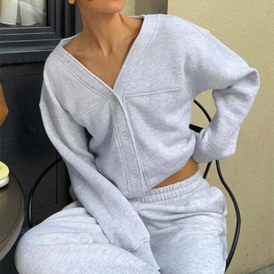 Women's Grey Hooded Top Jogging Set Casual Cotton Terry Embroidered Letter Pattern Autumn Sports Wear Zip Pleated Decoration