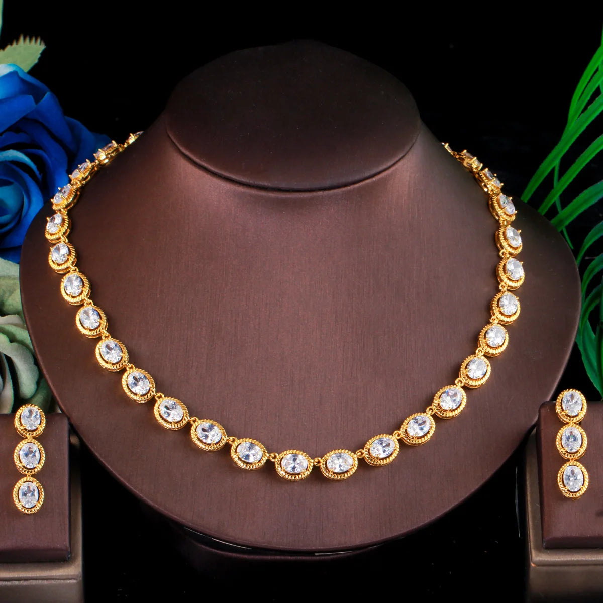 Exquisite CZ Jewelry Sets Women's Oval Cubic Zircon Stone 18k Gold Plated Chain Necklace and Earrings Bridal Wedding Engagement