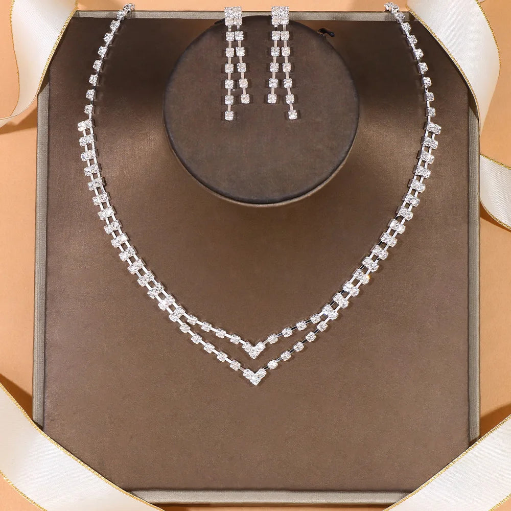 Europe Style Double-Layered Zircon Crystal Rhinestone Necklace Earrings Set Simple Fashionable Silver Women's Engagement Wedding