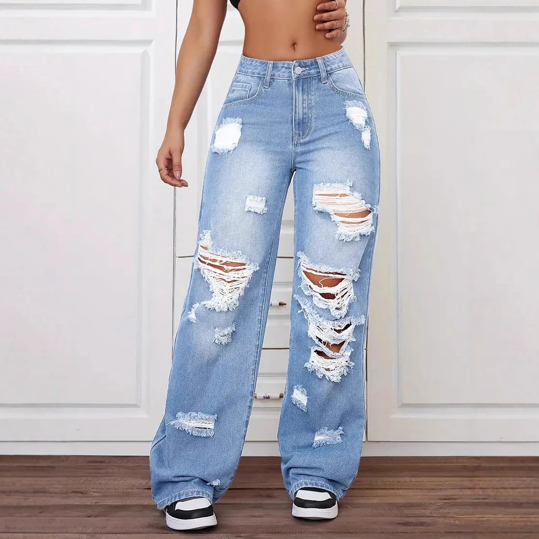 Hot Selling Latest Design Mid Waist Women Straight Denim Jean Pants Hollow Out Loose Style Women Casual Jeans