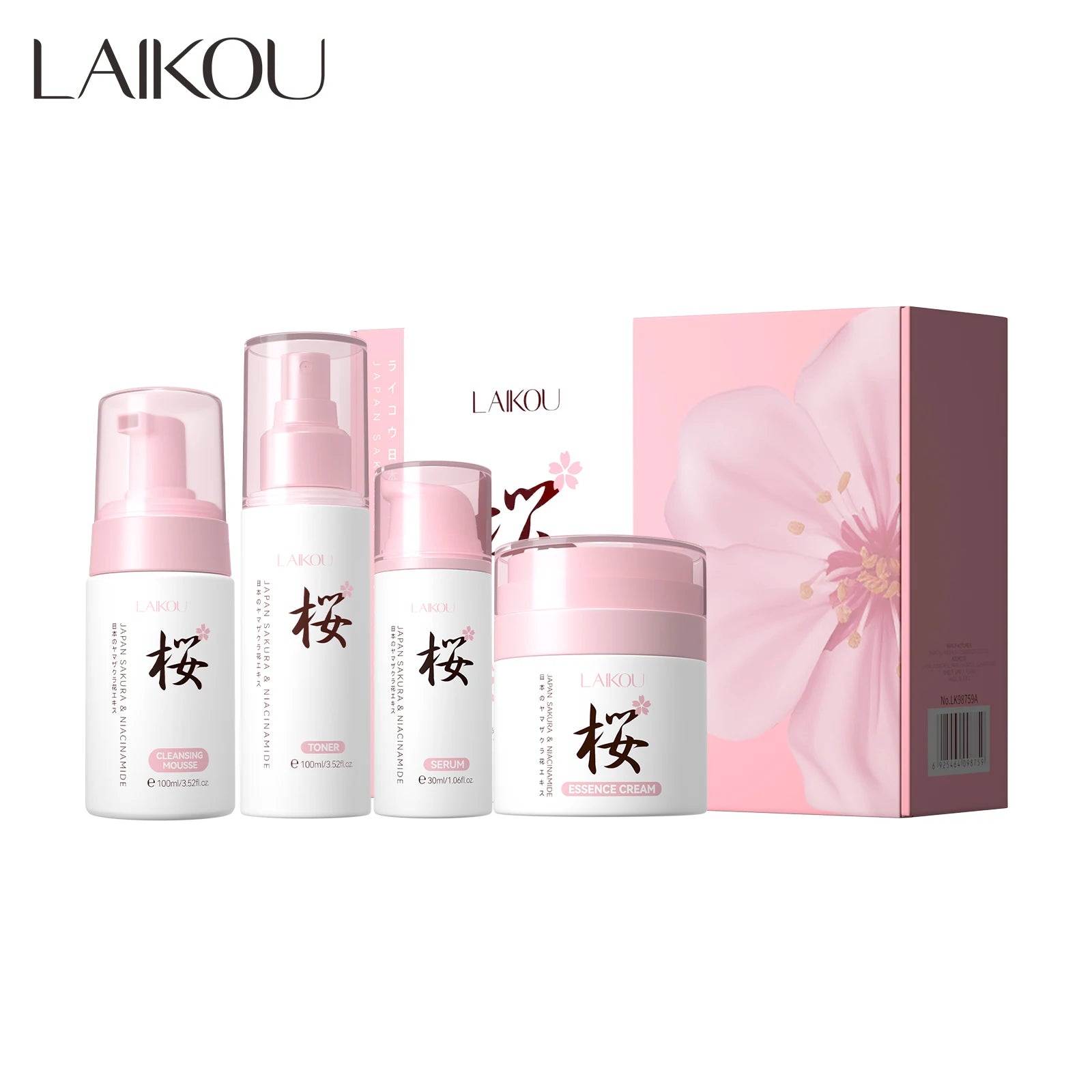 LAIKOU Japan Sakura Anti Aging Brightening Skin Products Vitamin c Face Serum Cream Toner Cleansing Mousse 4 in 1 Skin Care Set