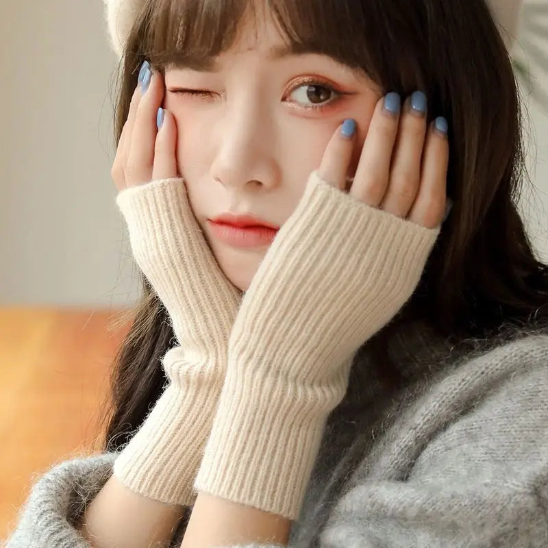 Autumn and Winter Half Finger Gloves Women's Plush and Warm Student Fingerless Knitted Half Finger Long Glove Wrist Guard