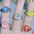 RM1326 Fashion18k Gold Plated Diamond Cubic Zirconia CZ Paved Cross Signet Rainbow Enamel Neon Statement Rings for Women Girls
