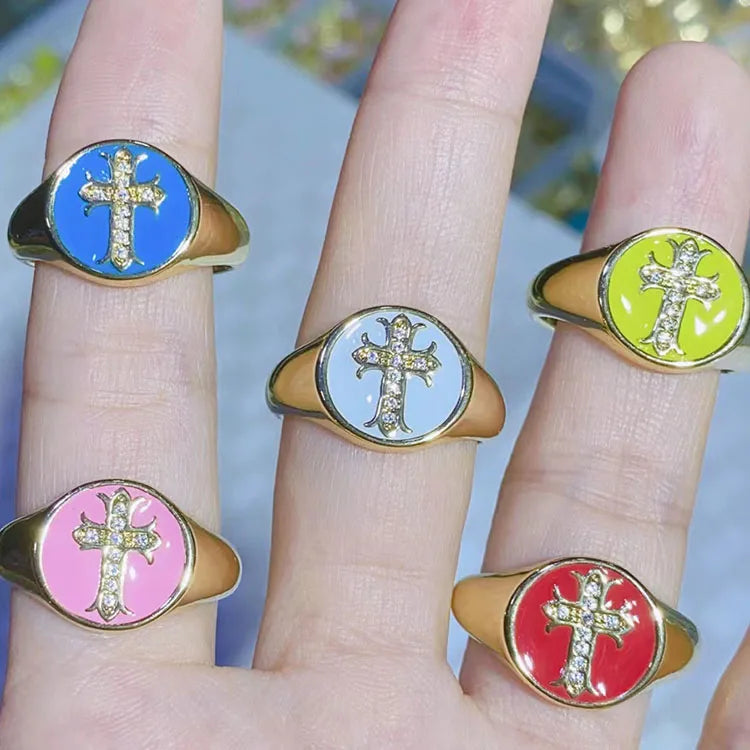 RM1326 Fashion18k Gold Plated Diamond Cubic Zirconia CZ Paved Cross Signet Rainbow Enamel Neon Statement Rings for Women Girls