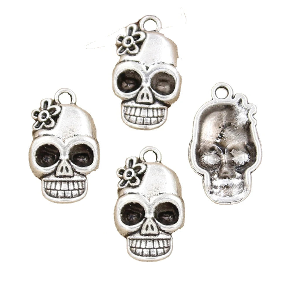 Charms Skeleton Skull with Flower 21x13mm Handmade Making FitVintage Tibetan Silver Color PendantsDIY for Bracelet Necklace
