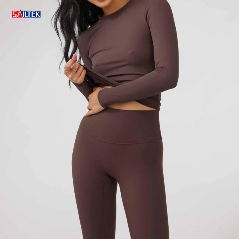 Custom Yoga Gym Sportswear Set High Quality Woman Fitness Workout 2 Piece Long Sleeve Top and Leggings Set