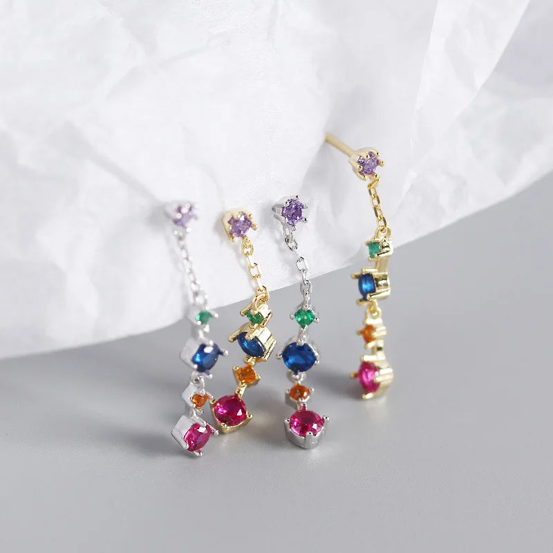 New Fashion Design 18K Gold Plated S925 Sterling Silver Colorful Cubic Zircon Tassel Earrings for Women