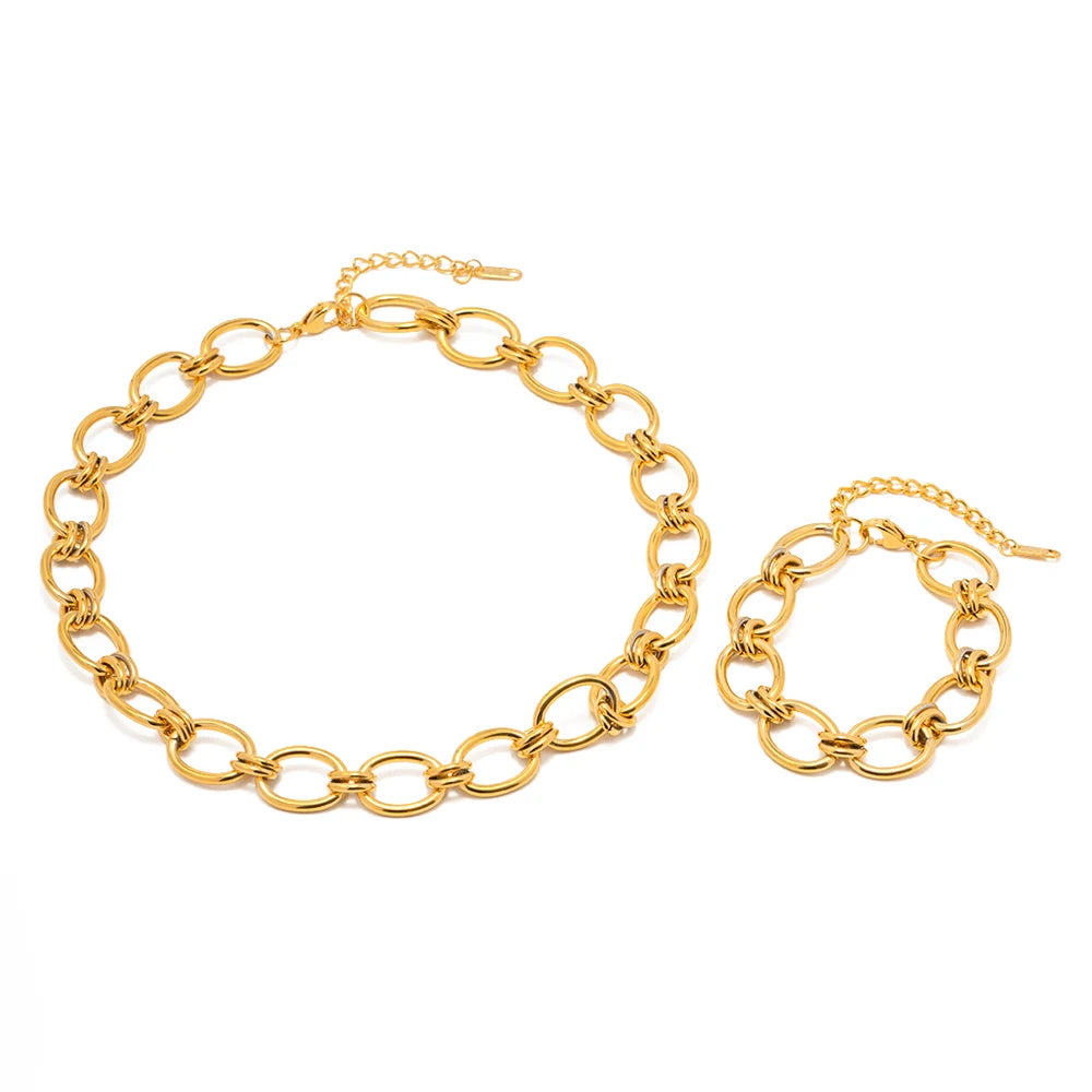 Minimalist  Stainless Steel 18K Gold Plated Bracelet Jewelry Gift Thick Link Chain Handmade Choker Necklace Set