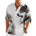 Men's Retro Vintage Slubbed Linen Shirt Wolf Eagle Print Long Sleeve Button-Down Outdoor Casual Knitted Fabric