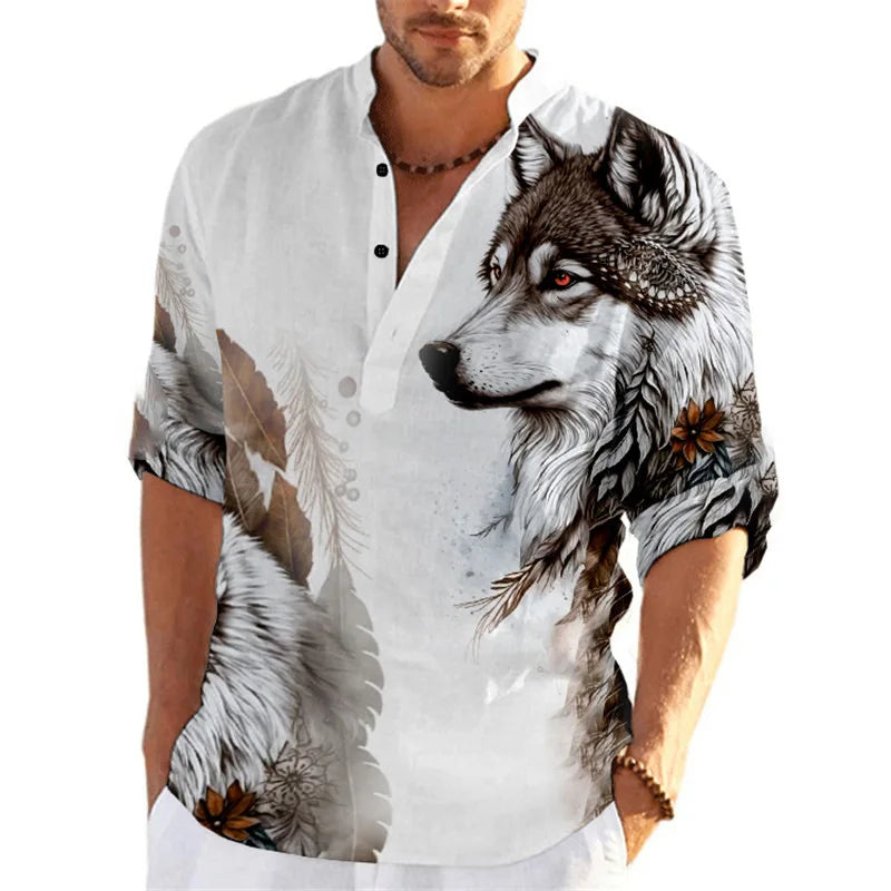 Men's Retro Vintage Slubbed Linen Shirt Wolf Eagle Print Long Sleeve Button-Down Outdoor Casual Knitted Fabric