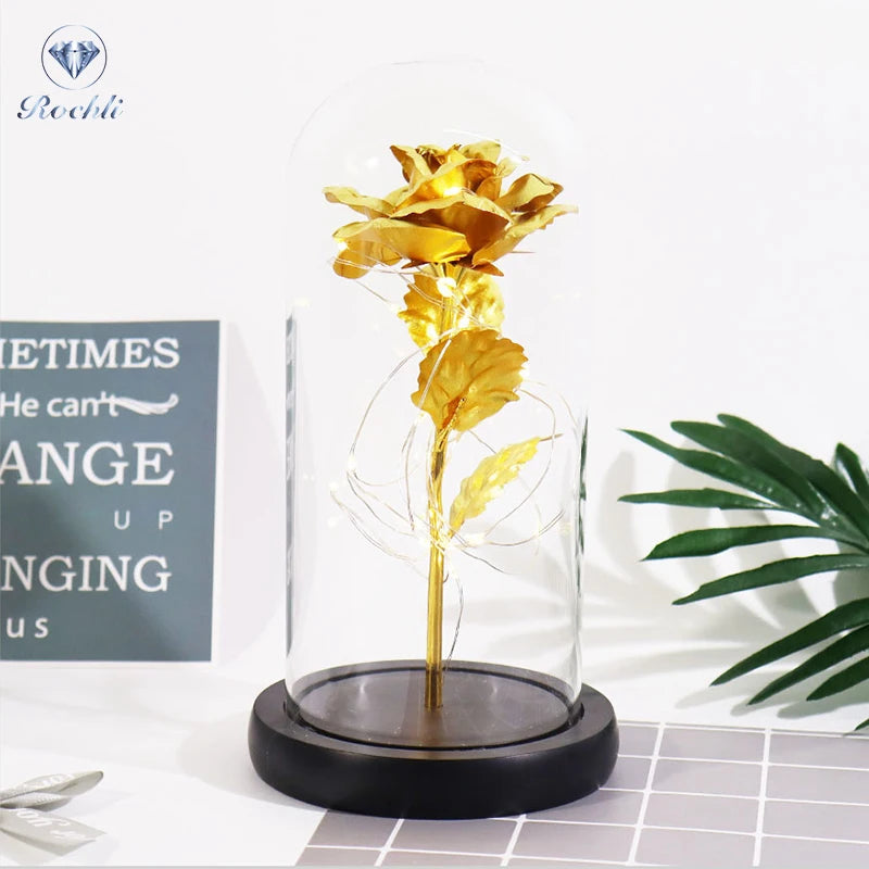 Hot Sale Gold Foil Rose in Dome with LED Artificial Flower Valentines Gift Mothers Day Gift Gold Flower Enchanted Rose
