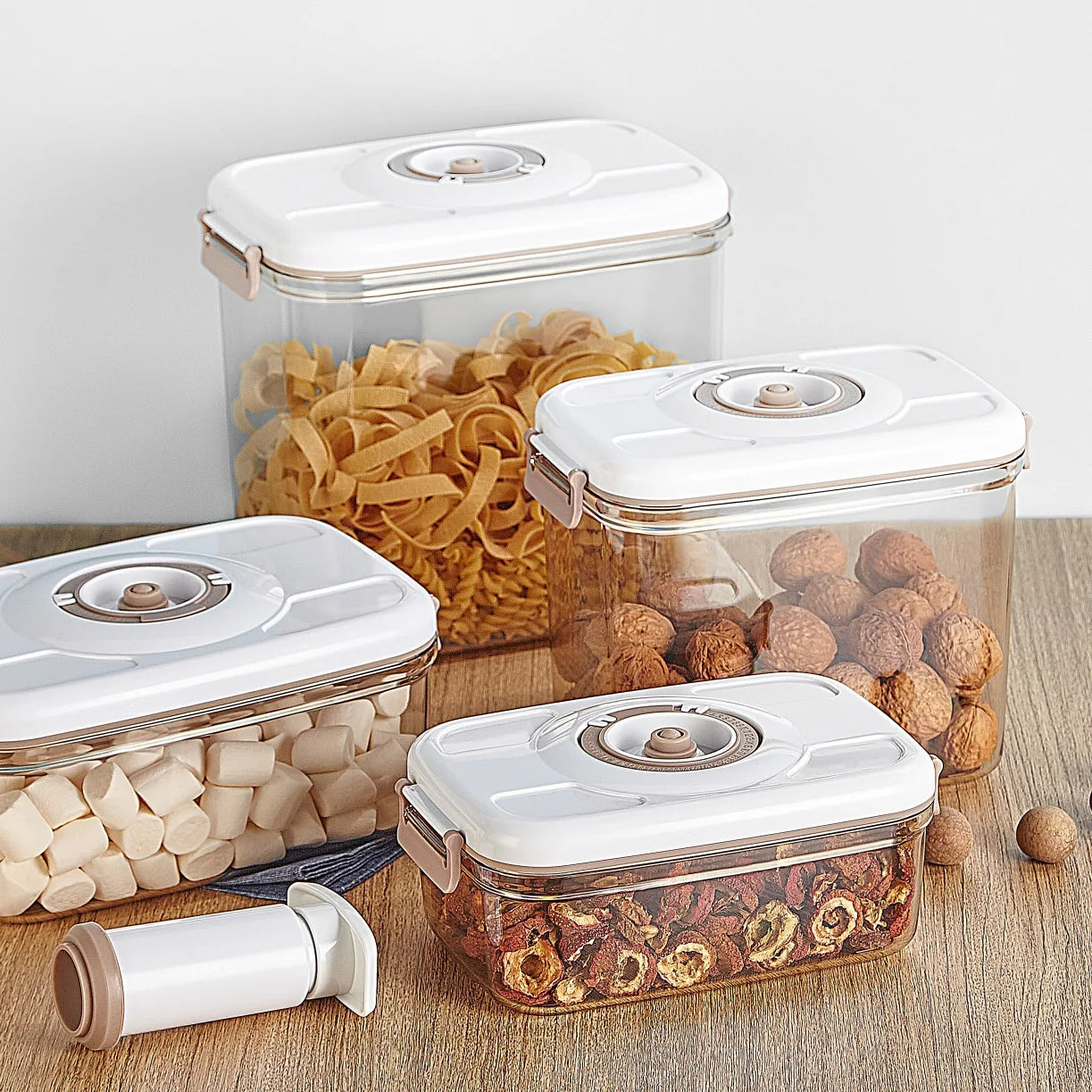 Square Plastic Food Storage Containers Airtight Canister Vacuum Valve Lids Drain Tray for Giveaways Minimalist Stackable Design