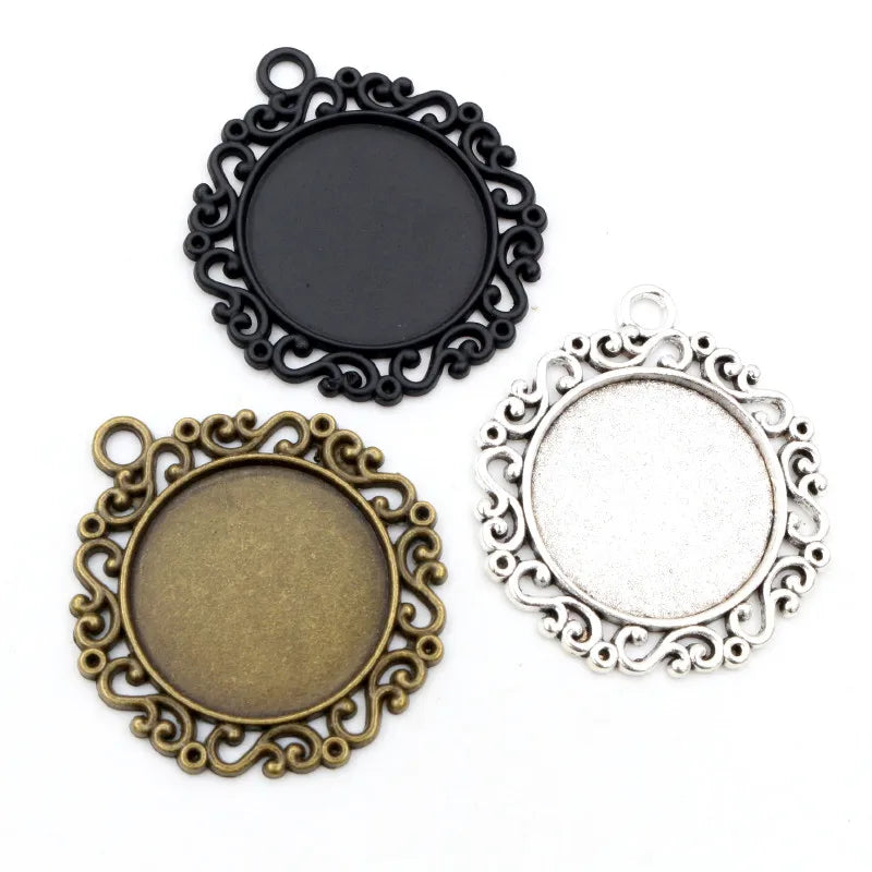 25mm Inner Size Black Antique Silver Plated Classic Flower S Floral Style Cabochon Base Setting Charms Pendant Blank Trays MegaBDM