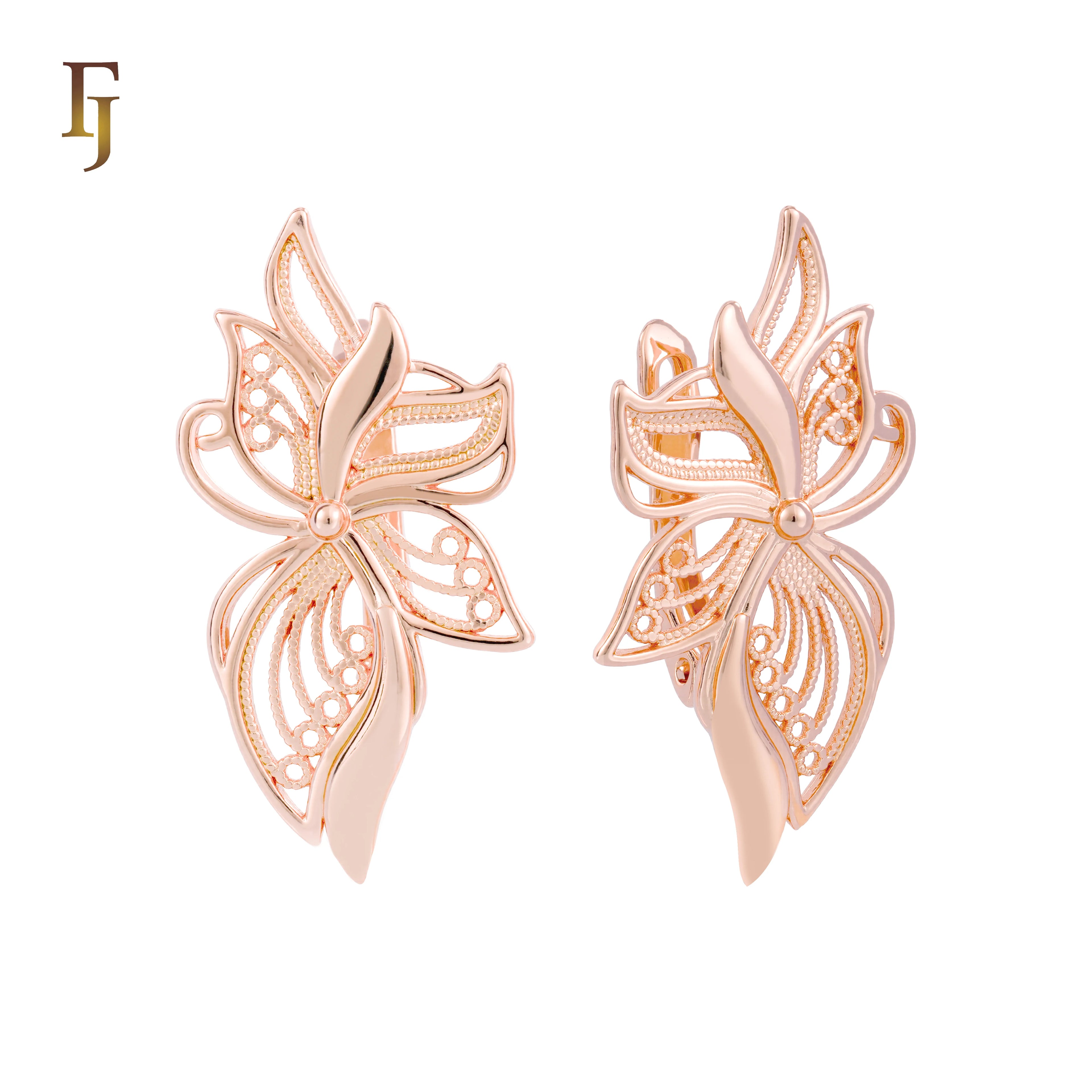 FJ Fallon Fashion Jewelry Leaves Butterfly Earrings Plated in 585 Rose Gold Brass Based