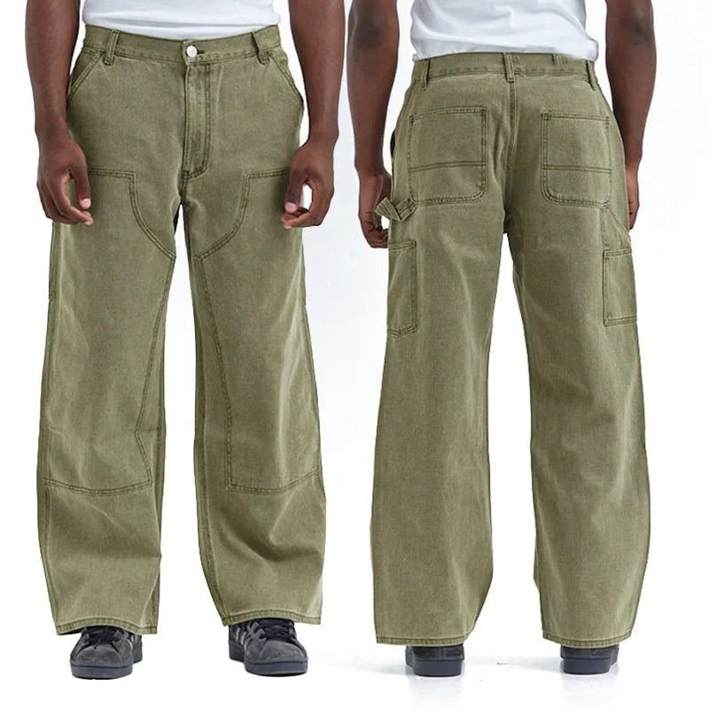 Custom Logo High Waist Acid Wash Denim Wide Leg Pants Men Jean Baggy Cargo Pants Men Double Knee Carpenter Pant