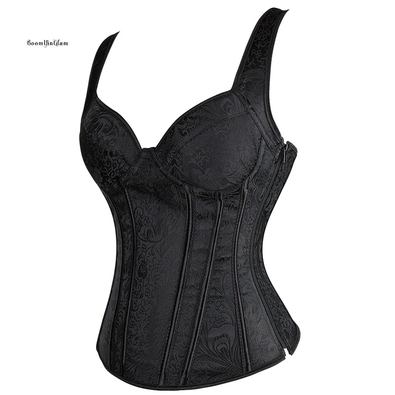 Satin Jacquard Plastic Bone Heavy Duty Overbust Padded Cup Shoulder Strap Women Punk Style Lace up Waist Trainer Corset Bustier