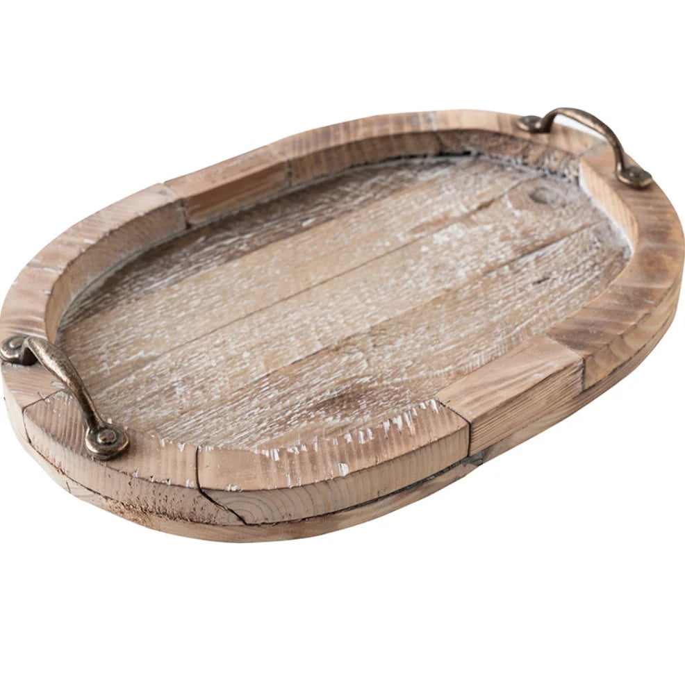 Retro Weathered Solid Wood Color Enamel Travel Serving Tray with Handle Eco-Friendly Portable Cedar