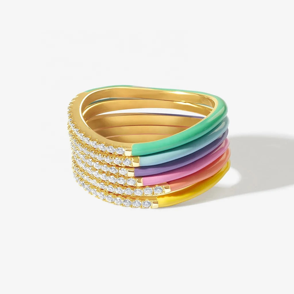 LOZRUNVE 925 Sterling Silver Fashion Stacking Diamond Enamel Wave Ring Set Women