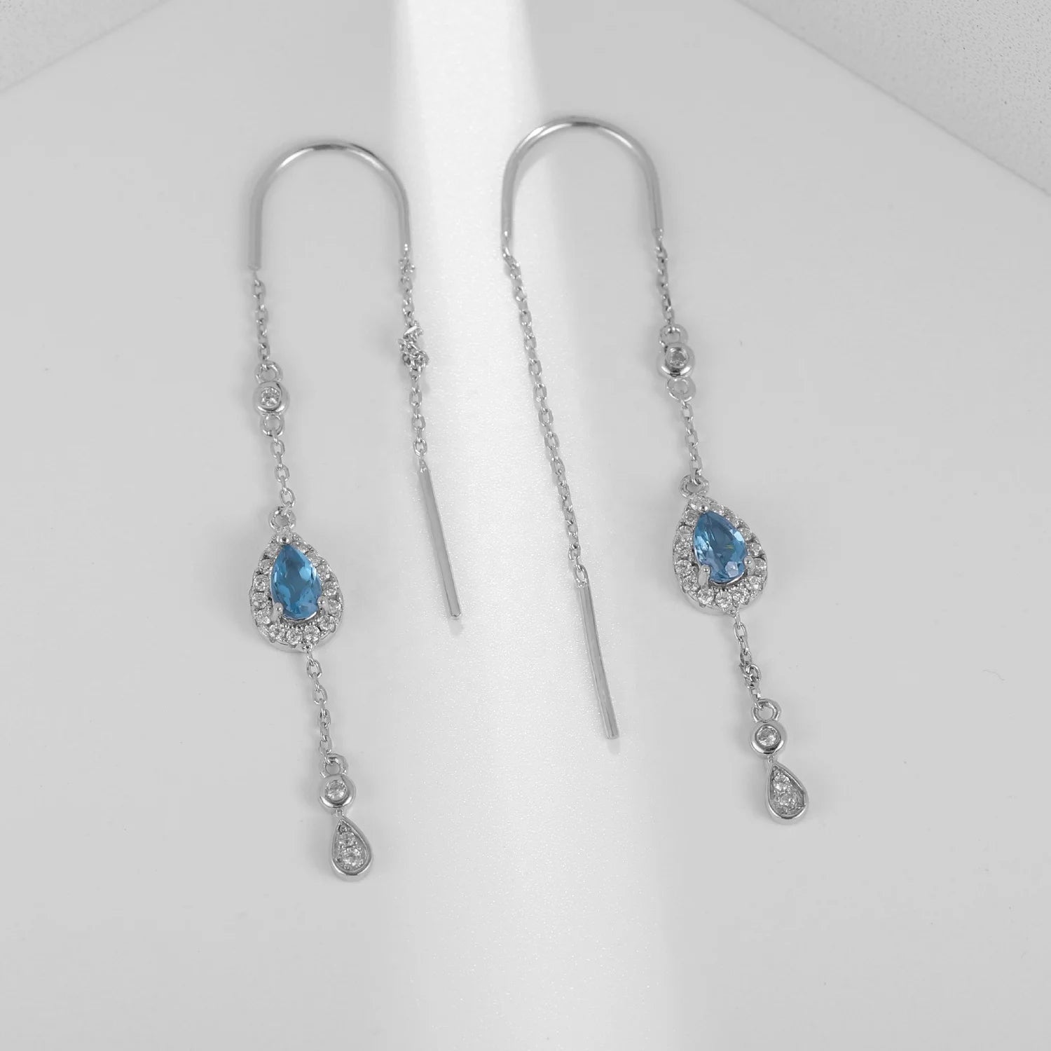 Abiding Fashion Pear Blue Topaz Gemstone Sterling Silver Jewelry Earrings Long Drop Earrings for Women