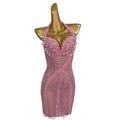 Pink Tassel Crystal Rhinestone Cocktail Bodycon Dress Dinner Gown Short Evening Dress Women Backless Birthday Club Party Dress