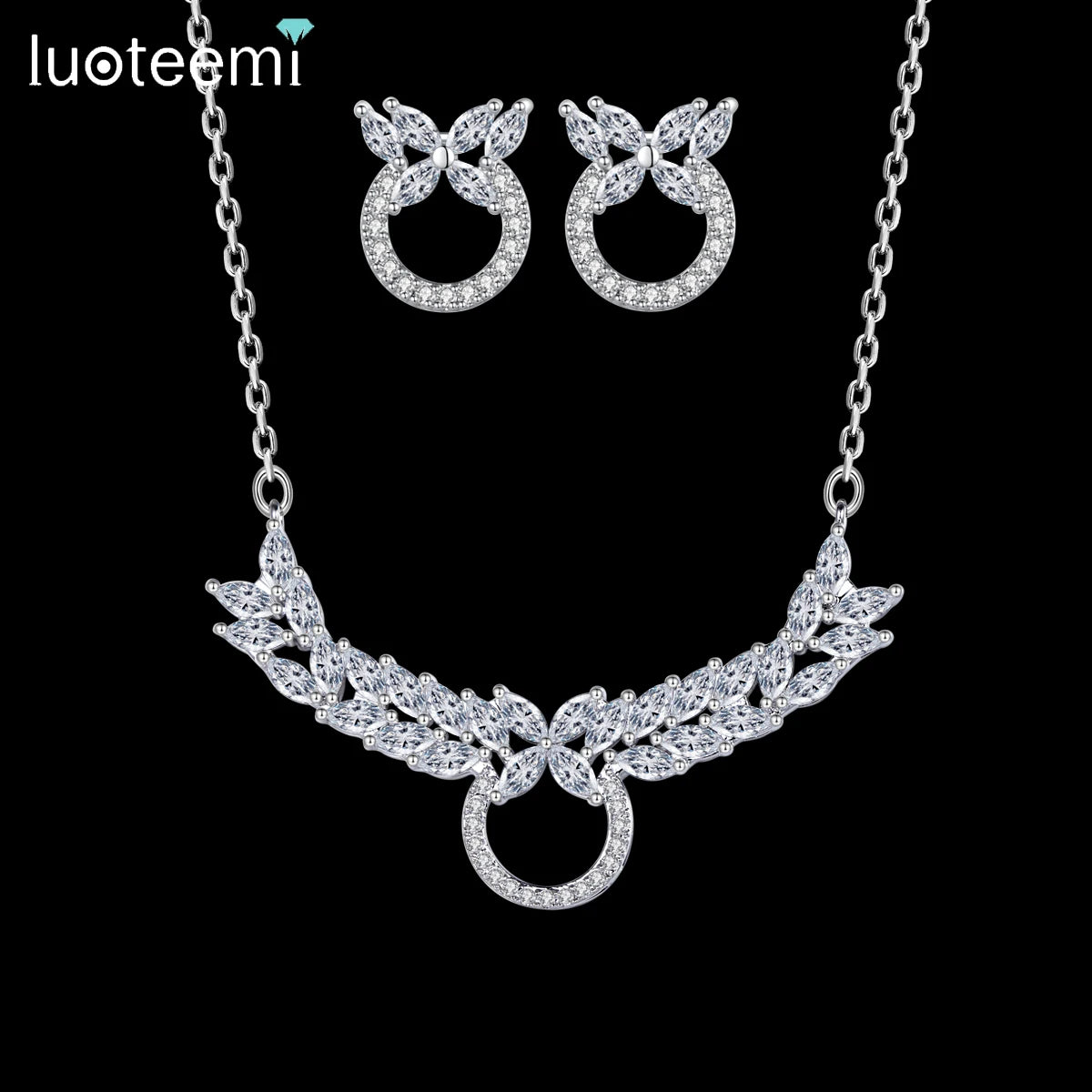 LUOTEEMI Flower Earring Cubic Zircon Necklace Dainty Bling Fashion Lady Elegant Jewelry Set for Party