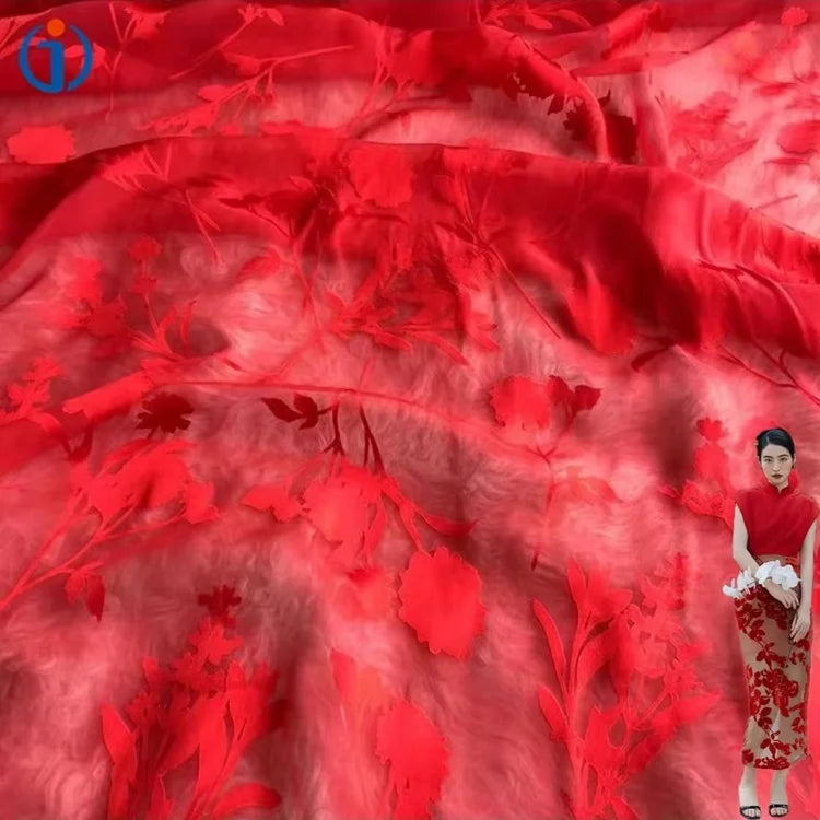 Wholesaler Lightweight Transparent Red Color Floral Design Pure Silk Viscose Burn Out Fabrics for Party Dress Garment