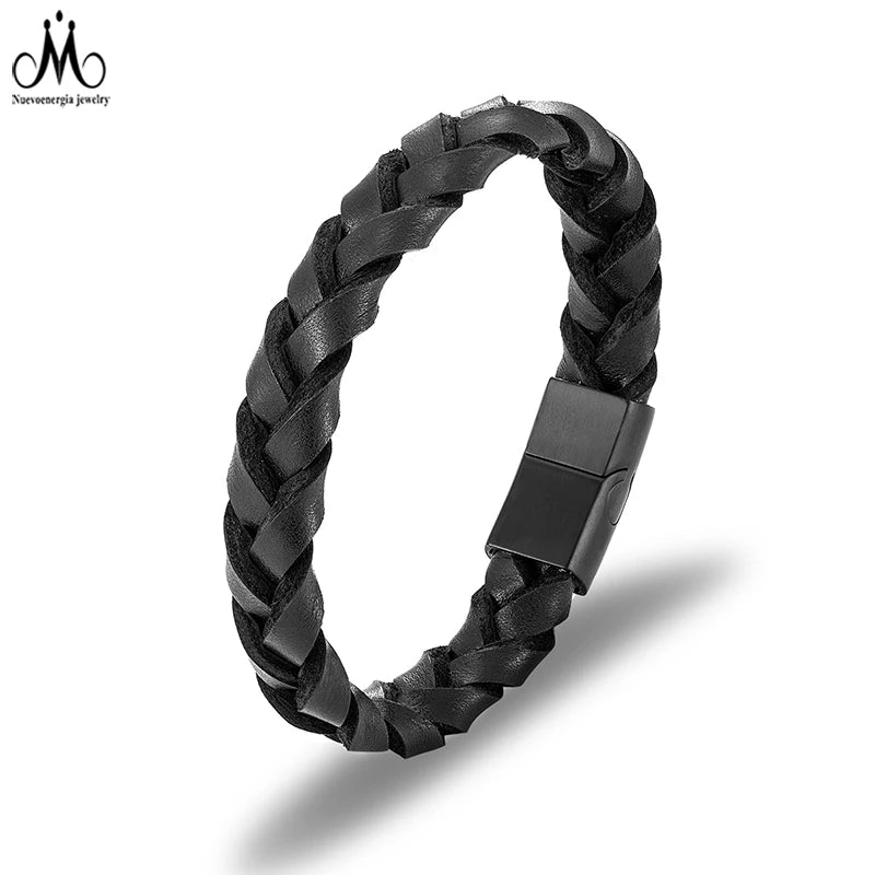 Handmade Men's Leather Bracelet Jewelry Stainless Steel Braided Black Cowhide Leather Bracelet for Man