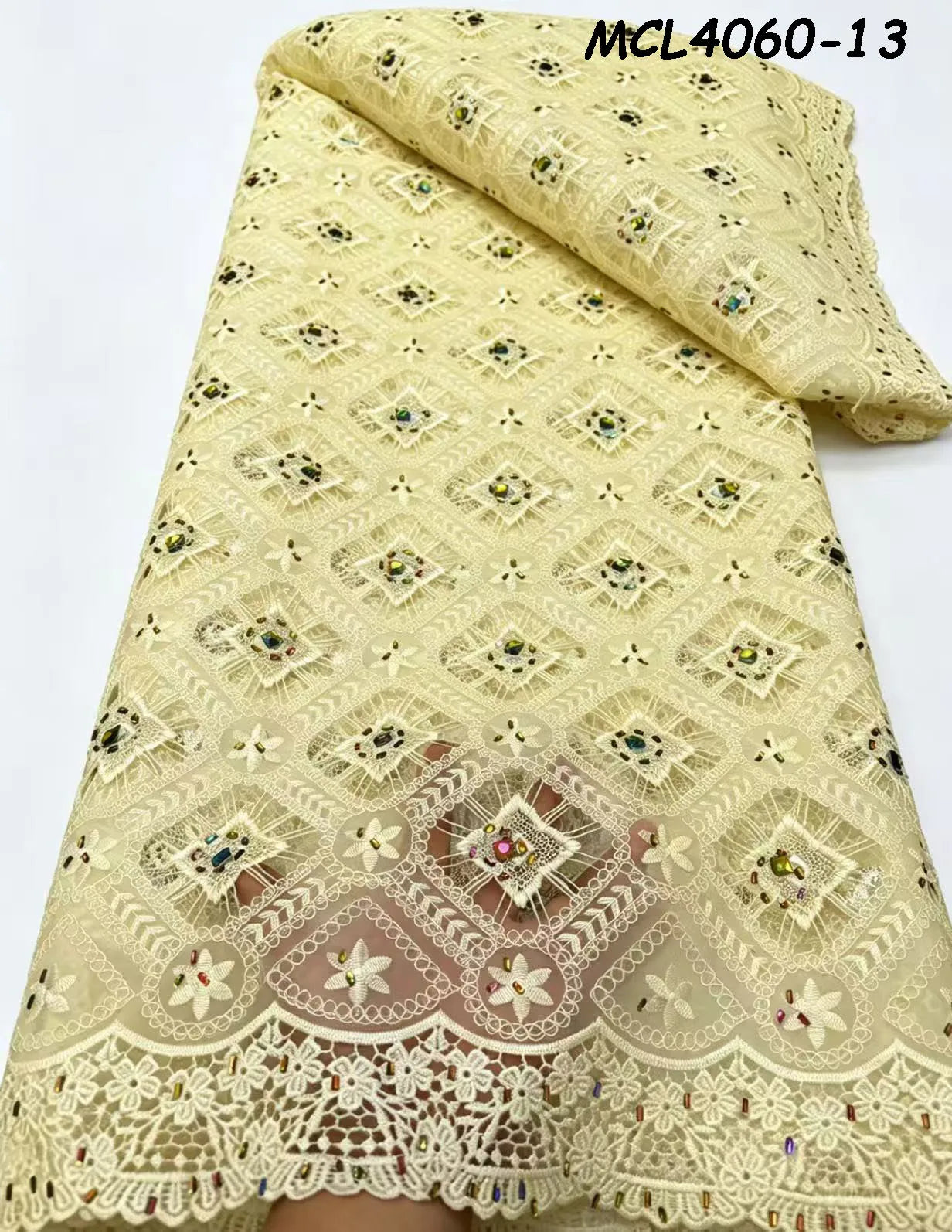 2026 Nigerian Guipure Chiffon Rhinestone Lace Fabrics Embroidered Eco-Friendly Soft Polyester Cord for Dresses High Quality
