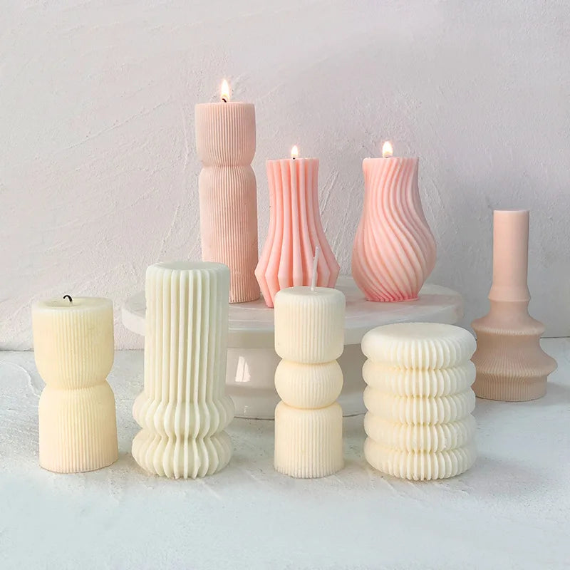 DIY Handmade 3D Candle Making Home Decoration Geometric Ornament Minimalist Striped Roman Pillar Candle Silicone Mold