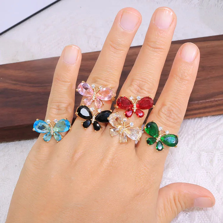 RM1499 Fashion 18k Gold Plated Brass Multi Colored Multi Colored CZ Paved Crystal butterfly Women Everyday Ring