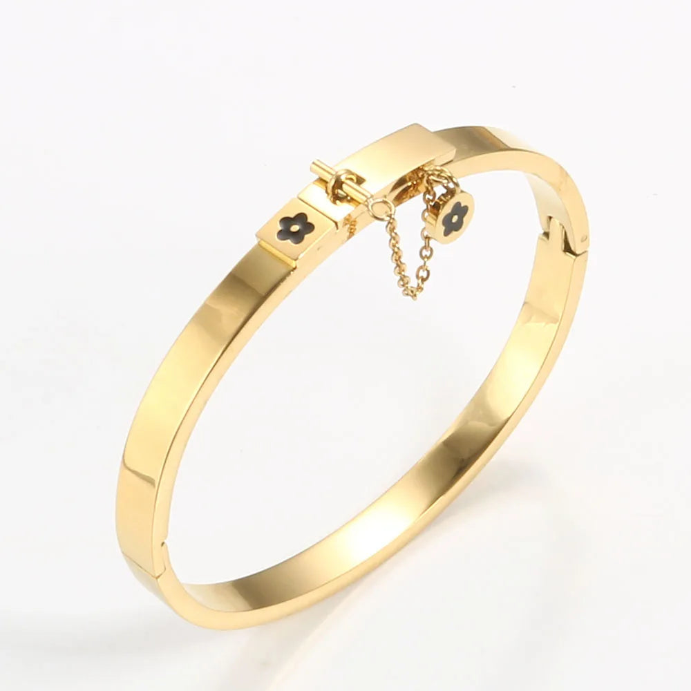 PVD 18K Gold Stainless Steel Bangle Flower Charms Bracelet Black Enamel Cuff Bangles Wholesale Jewelry for Women Jewelry