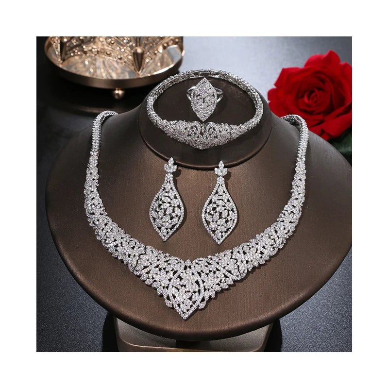 Luxury Handmade Bridal Bridesmaid Wedding Sparkly Cubic Zirconia Necklaces Earrings Indian African Jewelry Sets