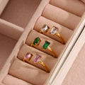 Fashion Adjustable Stainless Steel Pink Green Zircon Ring Stackable 18K Gold Plated Titanium Steel Square Oval Emerald Open Ring