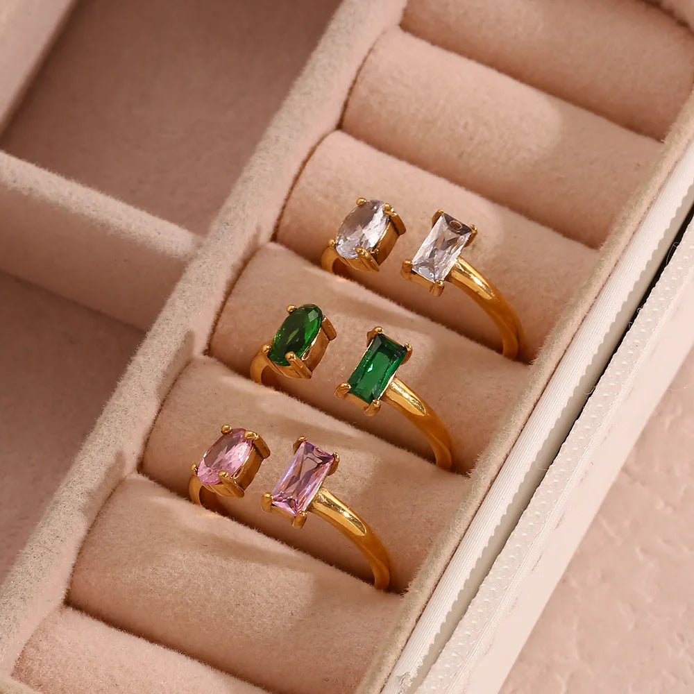 Fashion Adjustable Stainless Steel Pink Green Zircon Ring Stackable 18K Gold Plated Titanium Steel Square Oval Emerald Open Ring