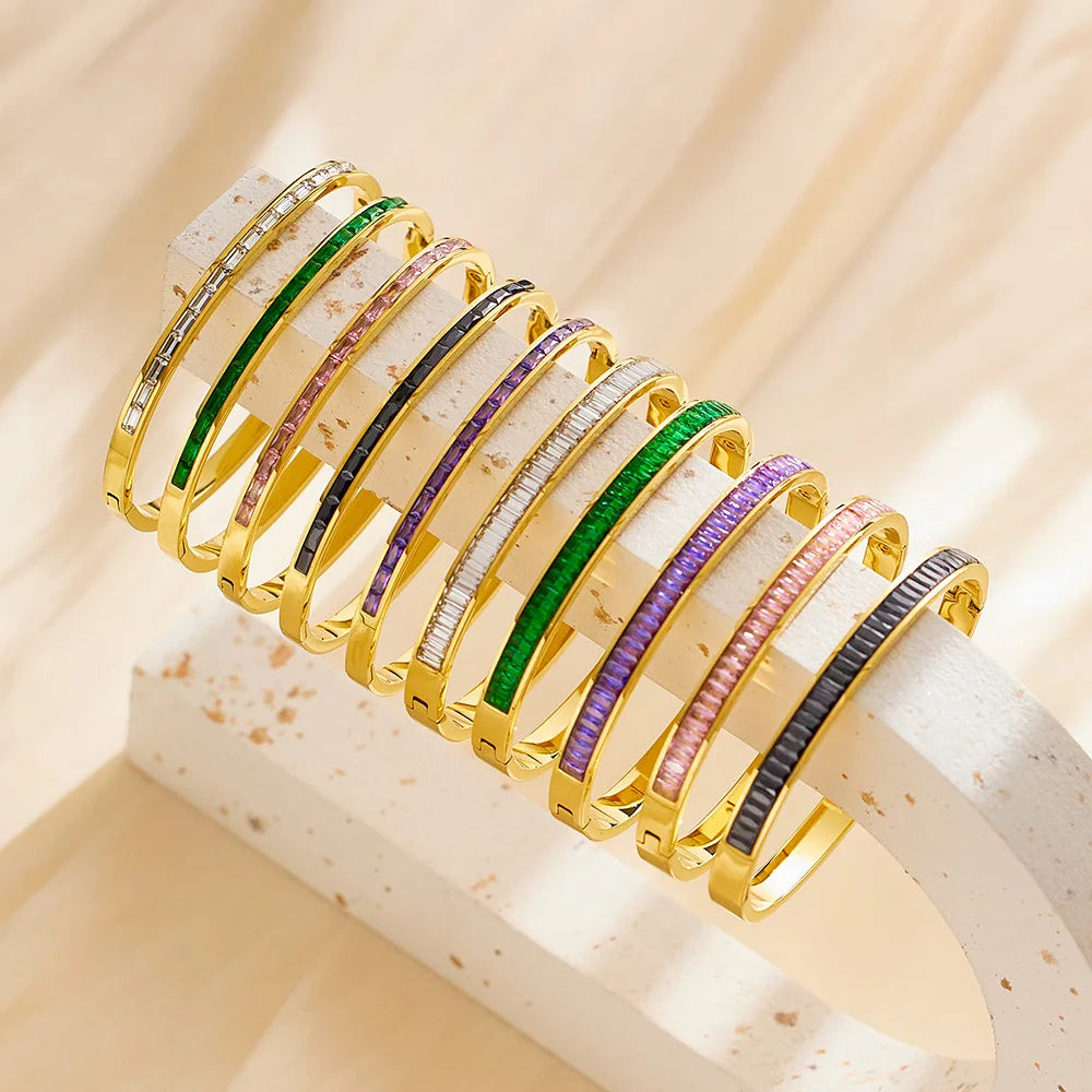 New Design Hot Selling French Jewelry Classic Square CZ Stainless Steel Handcuff Bracelet and Bangles Women B139