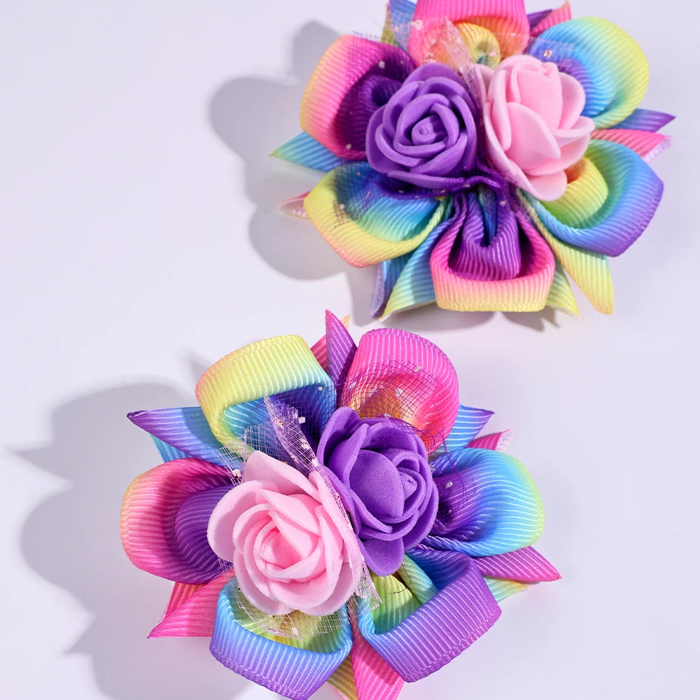 CN 2Pcs Rainbow Grosgrain Ribbon Hair Bow Mini Flower Gradient Hair Clip for Kids Girls