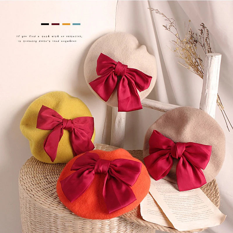 Custom Women's Non-Woven Artist Beret Hat Autumn Winter Warm Korean Style Big Bowknot Soft Texture Party Casual Daily Use