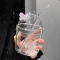 Reusable Creative Handle Less Heat Resistant Drinking Glass Cup With Glass Lid and Straw