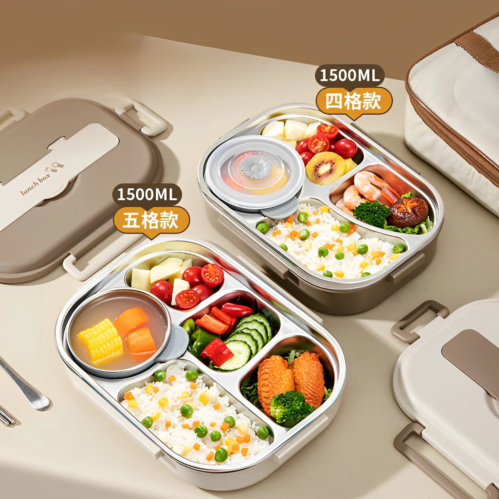 Stainless Steel 304 Lunch Box for Kids and Workers Metal Bento Box with 2-5 Compartments Chopsticks and Spoon Dinnerware