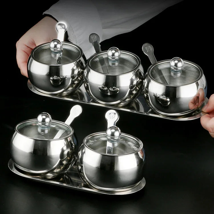 304 Stainless Steel Eco-Friendly Seasoning Pot Set with Spice Tools for Kitchen Use Salt & Sugar Pepper Seasoning Bottles